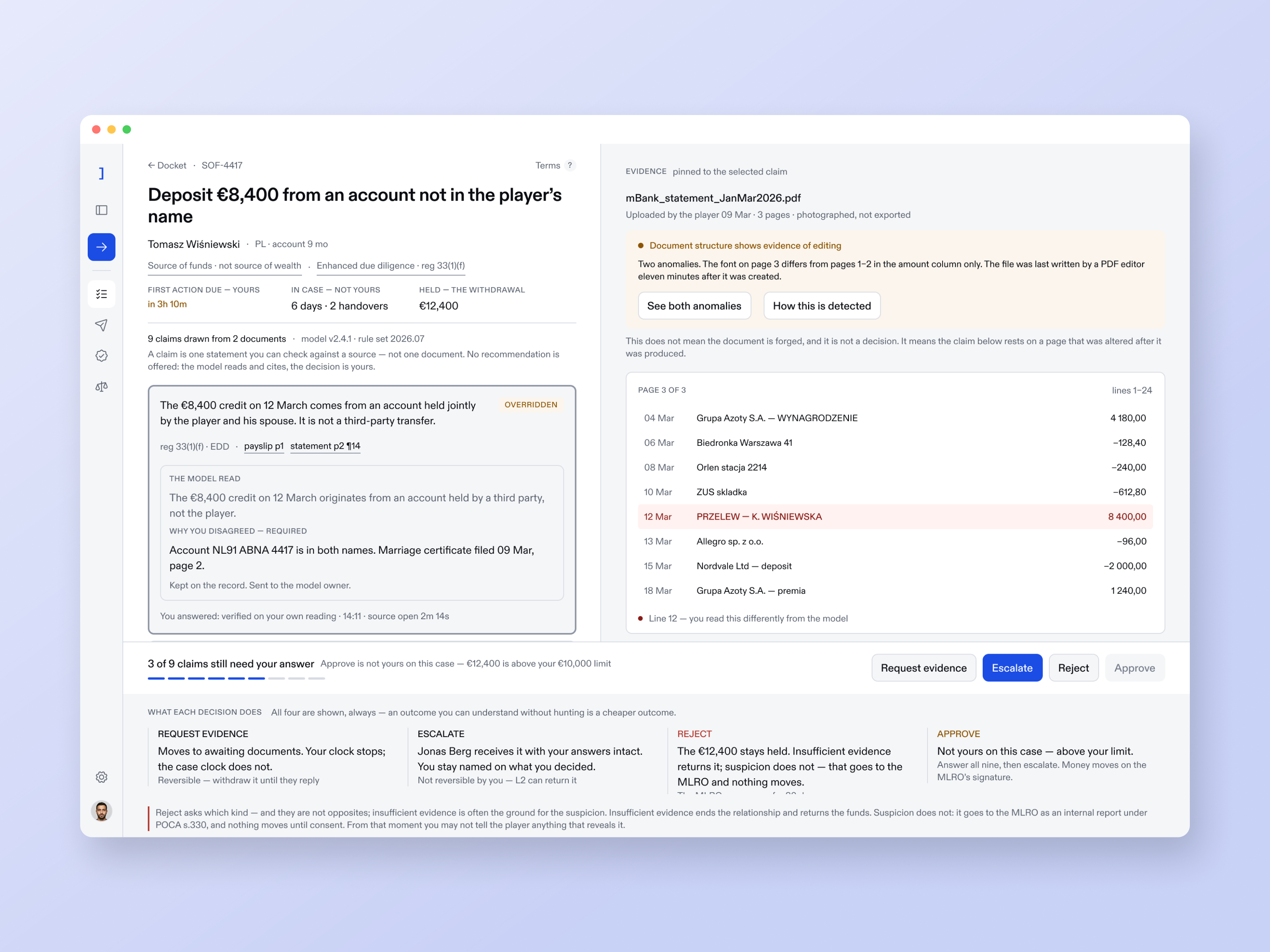 Failure state staged in a browser: analyst override, model reading preserved