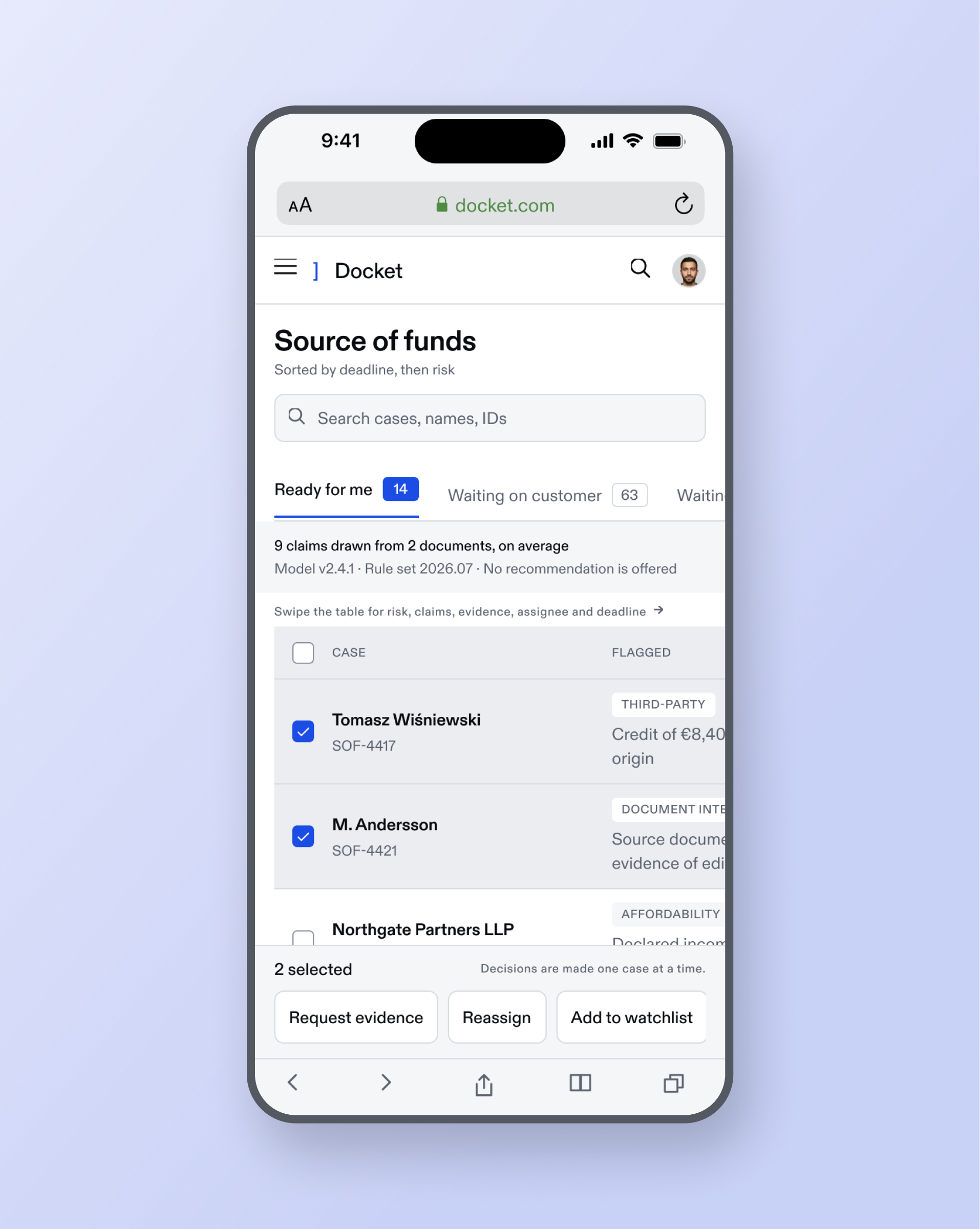The Docket queue on mobile, staged